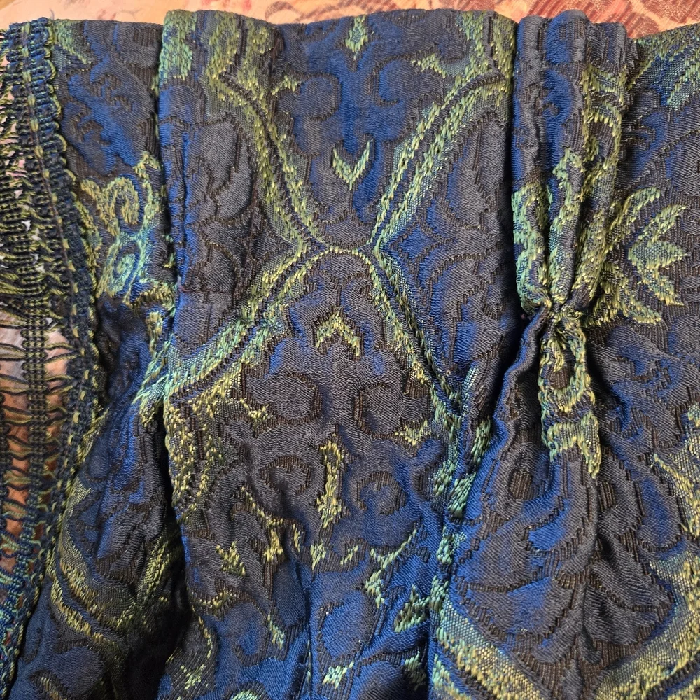 Drapes Blue and Green Jacquard With Fringe One Pair Boho Hollywood Regency
